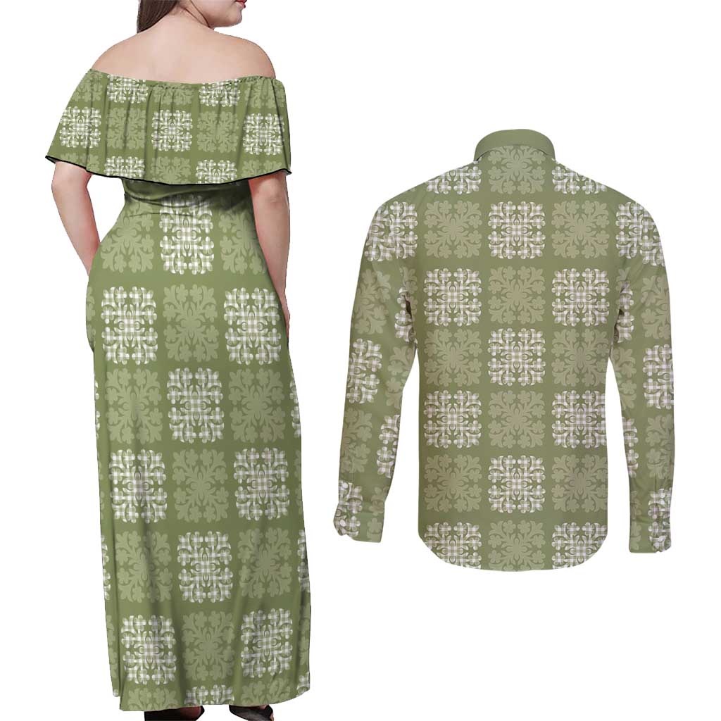 Vesuvian Green Palaka Quilt Hawaii Couples Matching Off Shoulder Maxi Dress and Long Sleeve Button Shirt Traditional Hawaii-plaid Pattern - Polynesian Pride