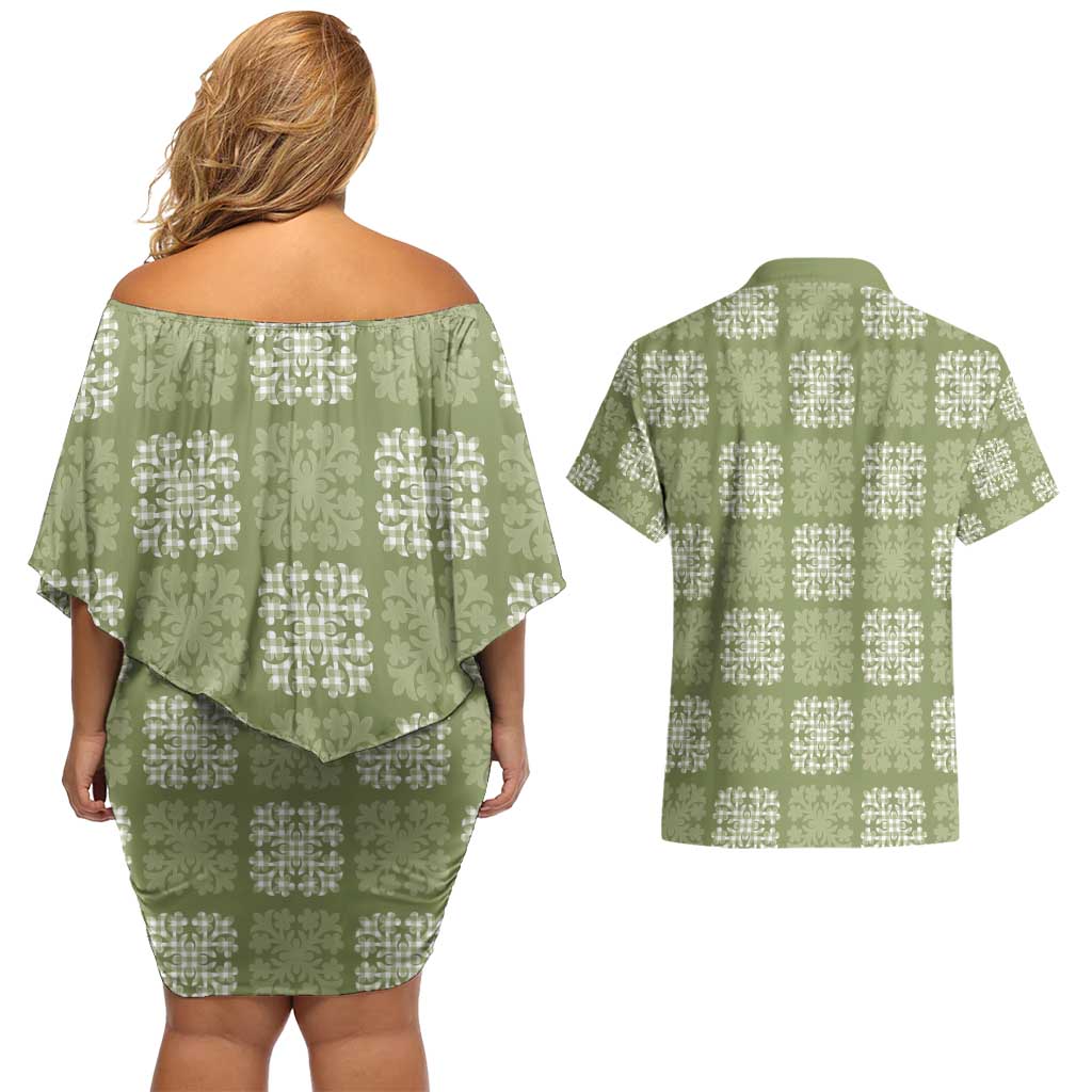 Vesuvian Green Palaka Quilt Hawaii Couples Matching Off Shoulder Short Dress and Hawaiian Shirt Traditional Hawaii-plaid Pattern - Polynesian Pride
