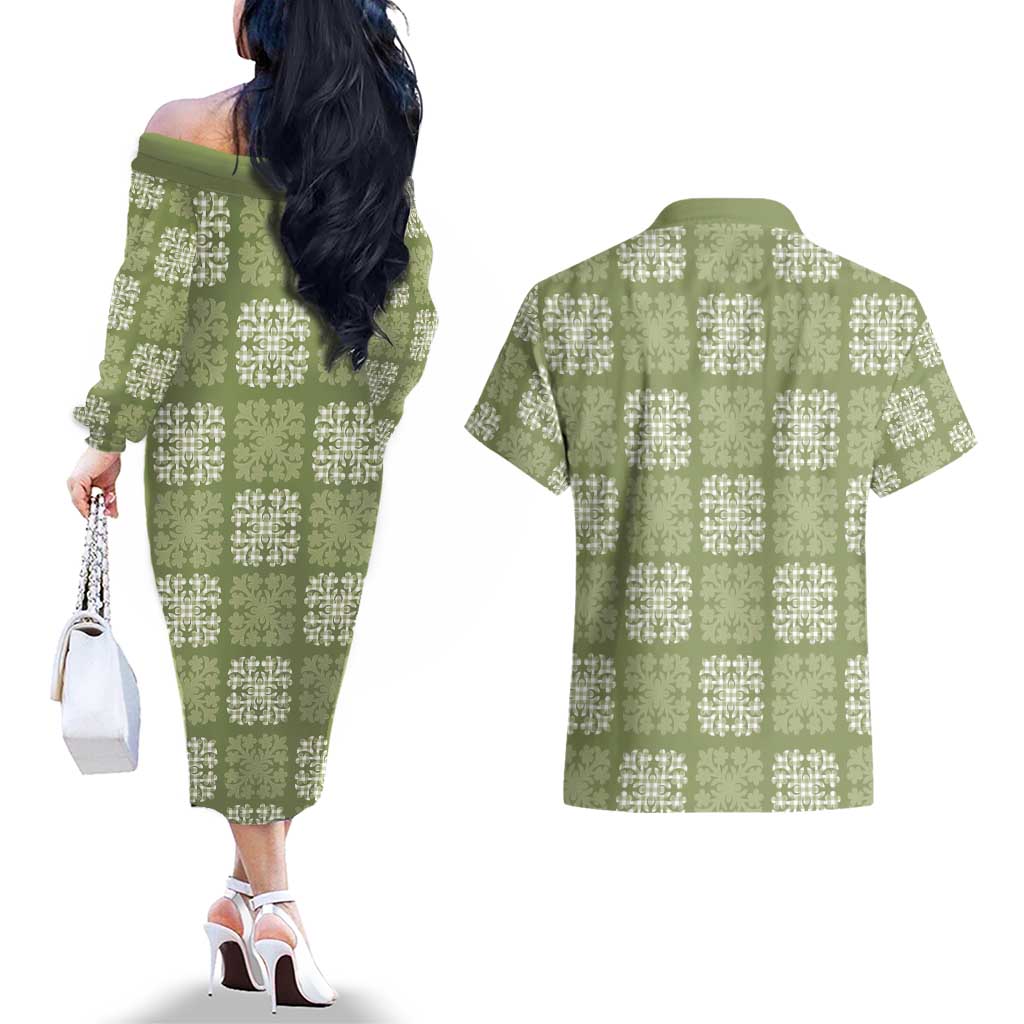 Vesuvian Green Palaka Quilt Hawaii Couples Matching Off The Shoulder Long Sleeve Dress and Hawaiian Shirt Traditional Hawaii-plaid Pattern - Polynesian Pride