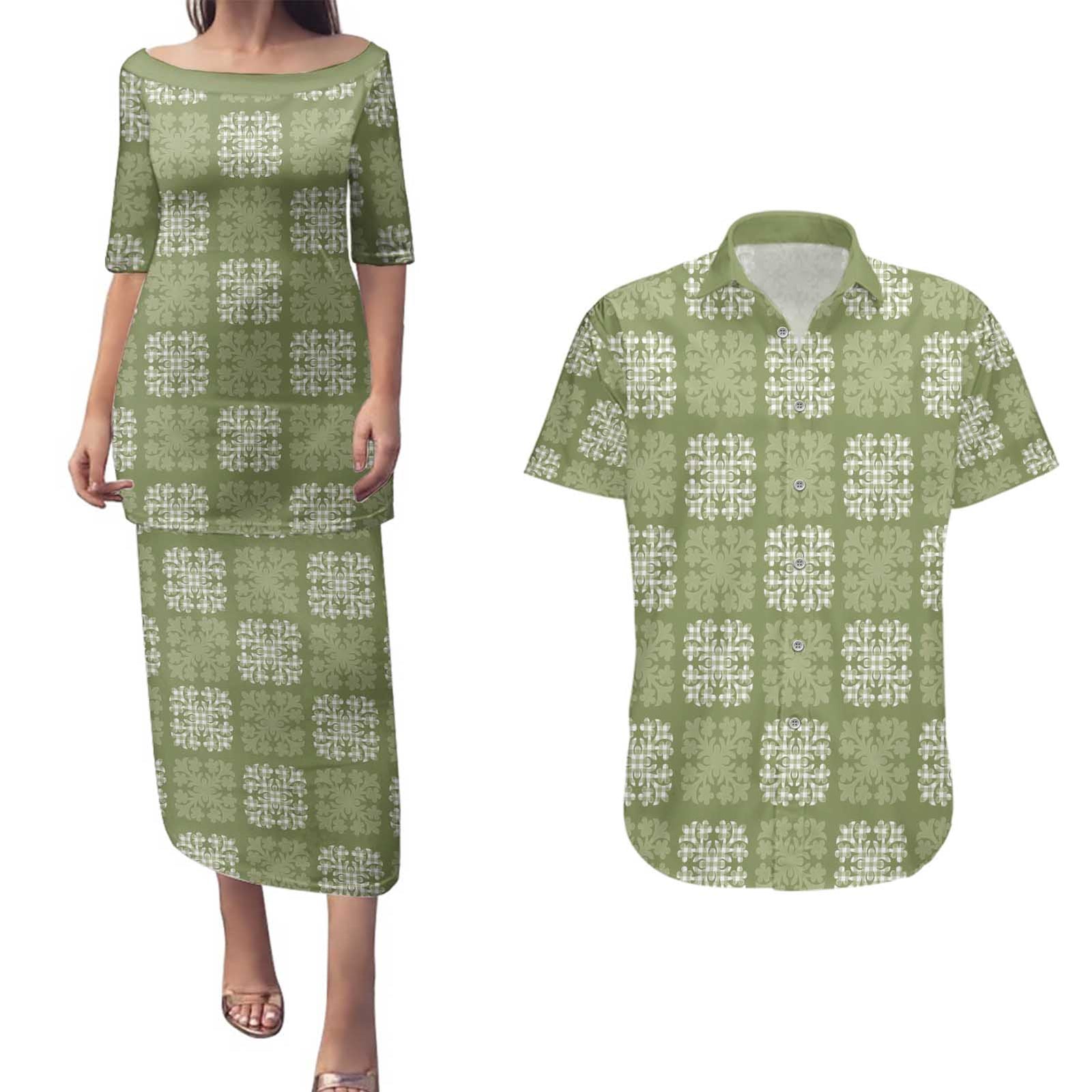 Vesuvian Green Palaka Quilt Hawaii Couples Matching Puletasi and Hawaiian Shirt Traditional Hawaii-plaid Pattern LT14 Vesuvian Green - Polynesian Pride