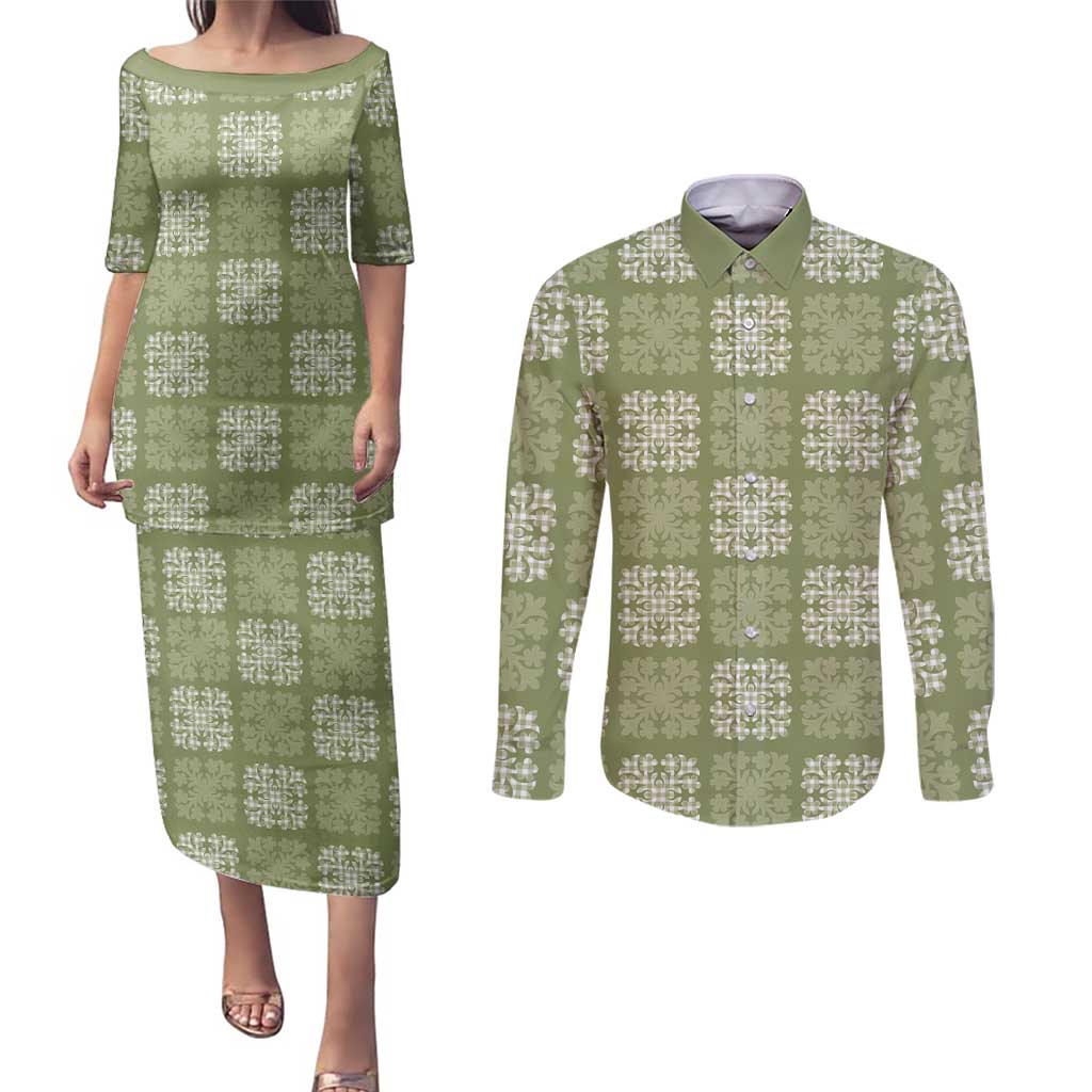 Vesuvian Green Palaka Quilt Hawaii Couples Matching Puletasi and Long Sleeve Button Shirt Traditional Hawaii-plaid Pattern LT14 Vesuvian Green - Polynesian Pride
