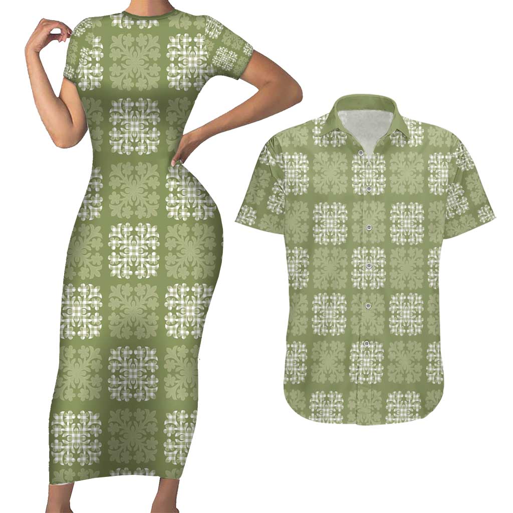 Vesuvian Green Palaka Quilt Hawaii Couples Matching Short Sleeve Bodycon Dress and Hawaiian Shirt Traditional Hawaii-plaid Pattern - Polynesian Pride