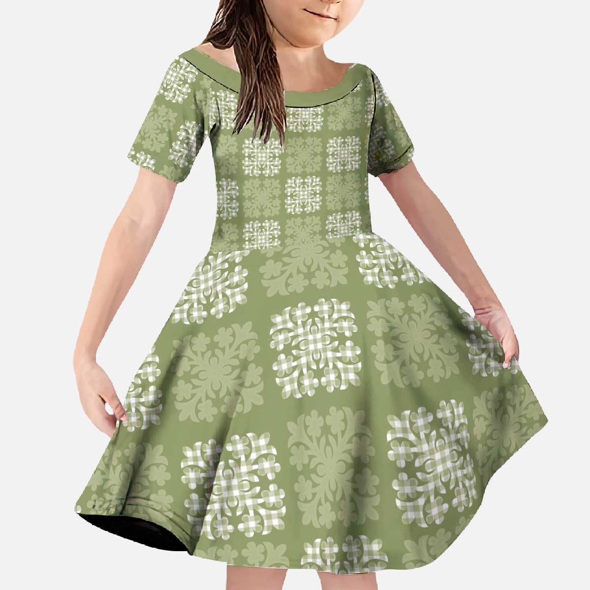 Vesuvian Green Palaka Quilt Hawaii Family Matching Off The Shoulder Long Sleeve Dress and Hawaiian Shirt Traditional Hawaii-plaid Pattern - Polynesian Pride