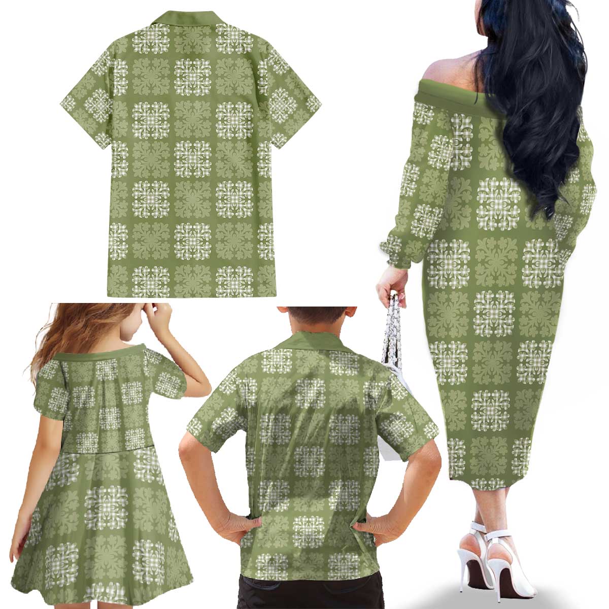 Vesuvian Green Palaka Quilt Hawaii Family Matching Off The Shoulder Long Sleeve Dress and Hawaiian Shirt Traditional Hawaii-plaid Pattern - Polynesian Pride