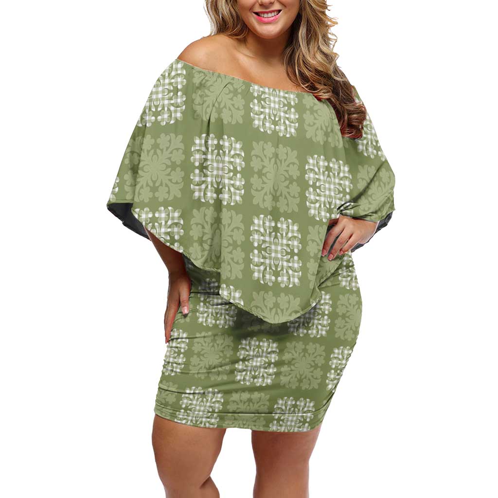 Vesuvian Green Palaka Quilt Hawaii Family Matching Off Shoulder Short Dress and Hawaiian Shirt Traditional Hawaii-plaid Pattern - Polynesian Pride