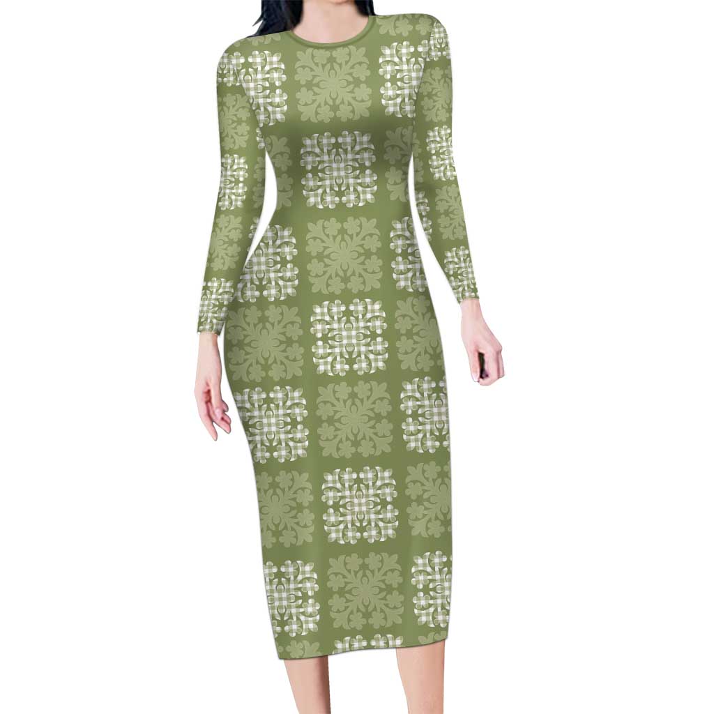 Vesuvian Green Palaka Quilt Hawaii Long Sleeve Bodycon Dress Traditional Hawaii-plaid Pattern - Polynesian Pride