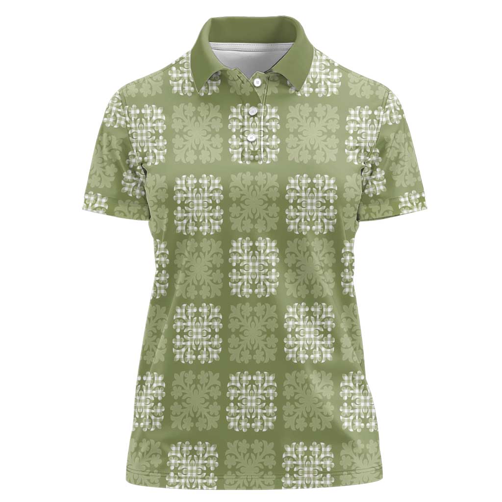 Vesuvian Green Palaka Quilt Hawaii Women Polo Shirt Traditional Hawaii-plaid Pattern - Polynesian Pride
