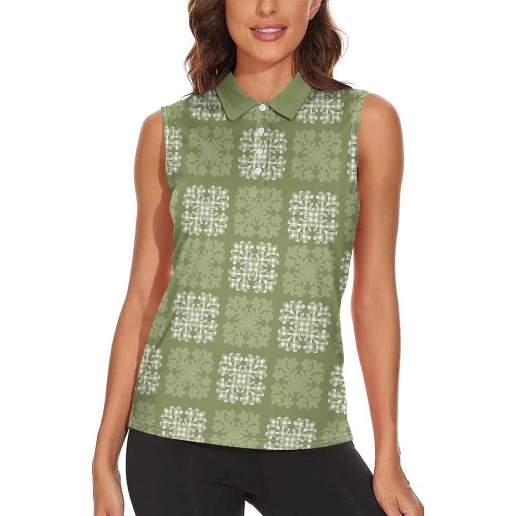 Vesuvian Green Palaka Quilt Hawaii Women Sleeveless Polo Shirt Traditional Hawaii-plaid Pattern - Polynesian Pride