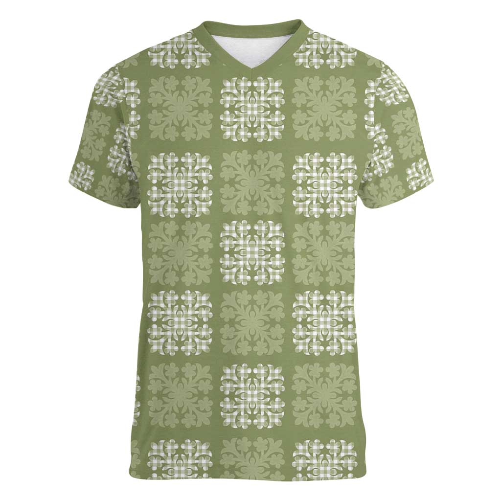 Vesuvian Green Palaka Quilt Hawaii Women V-Neck T-Shirt Traditional Hawaii-plaid Pattern LT14 Female Vesuvian Green - Polynesian Pride