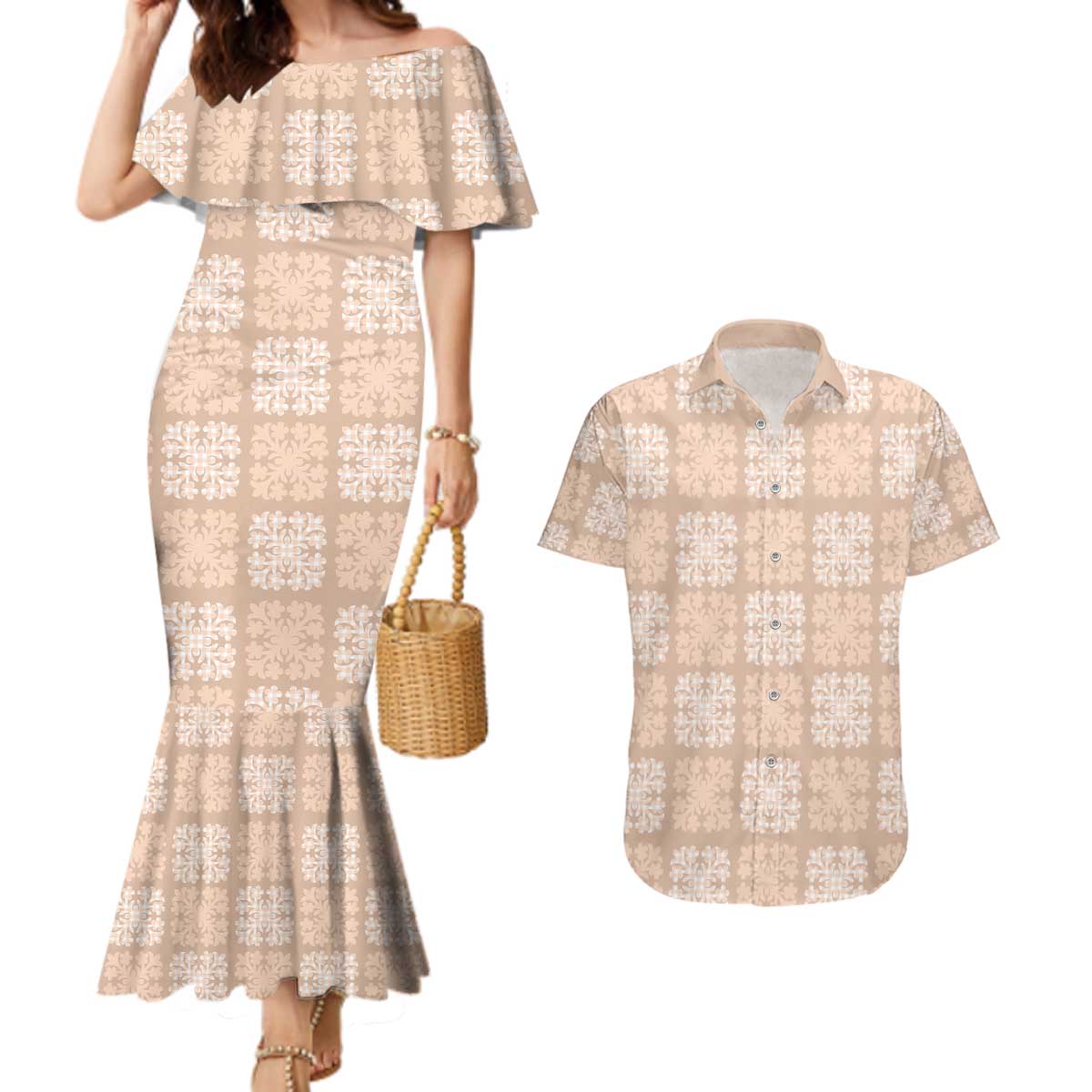 Beige Palaka Quilt Hawaii Couples Matching Mermaid Dress and Hawaiian Shirt Traditional Hawaii-plaid Pattern - Polynesian Pride