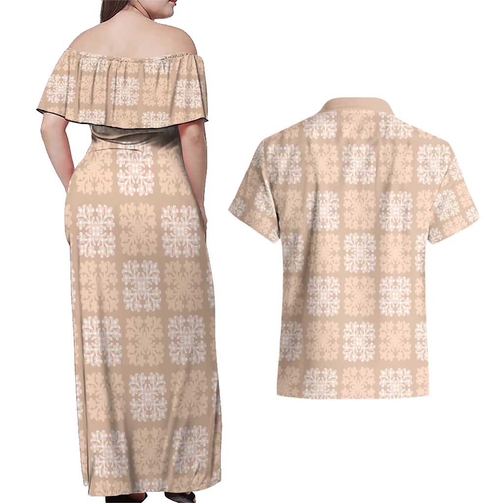 Beige Palaka Quilt Hawaii Couples Matching Off Shoulder Maxi Dress and Hawaiian Shirt Traditional Hawaii-plaid Pattern - Polynesian Pride