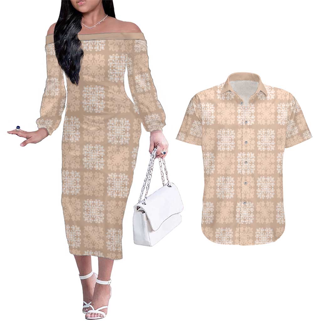 Beige Palaka Quilt Hawaii Couples Matching Off The Shoulder Long Sleeve Dress and Hawaiian Shirt Traditional Hawaii-plaid Pattern - Polynesian Pride