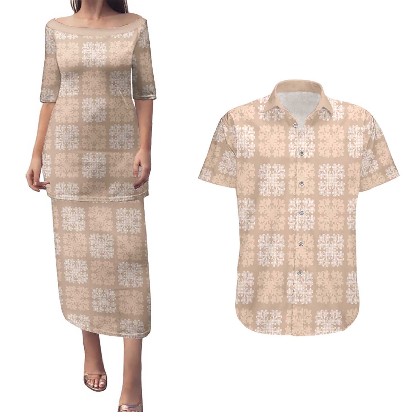 Beige Palaka Quilt Hawaii Couples Matching Puletasi and Hawaiian Shirt Traditional Hawaii-plaid Pattern LT14 Beige - Polynesian Pride