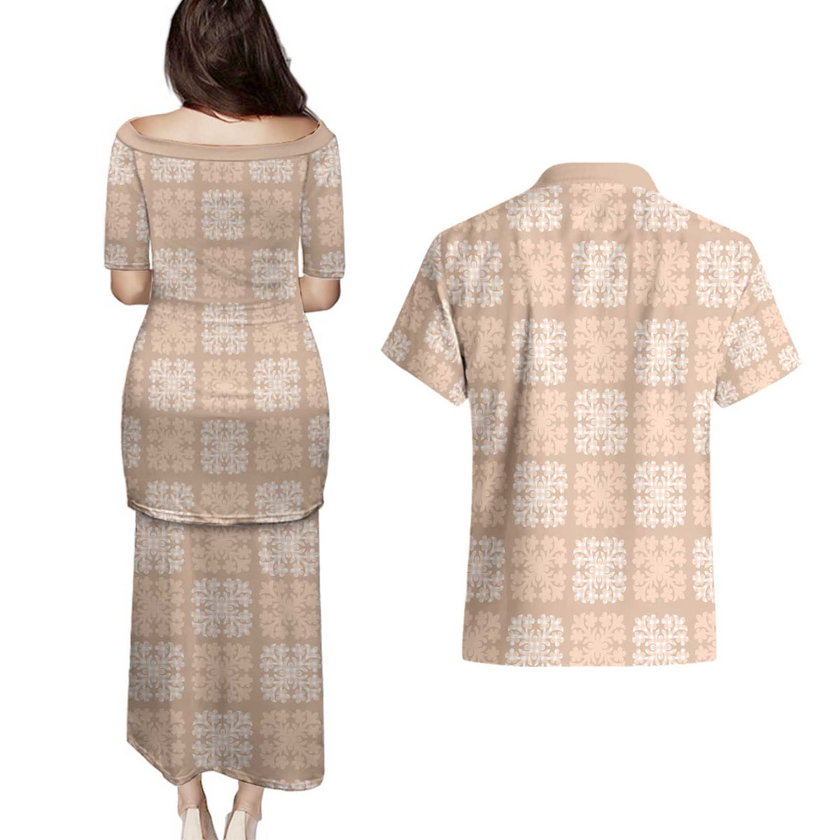 Beige Palaka Quilt Hawaii Couples Matching Puletasi and Hawaiian Shirt Traditional Hawaii-plaid Pattern - Polynesian Pride