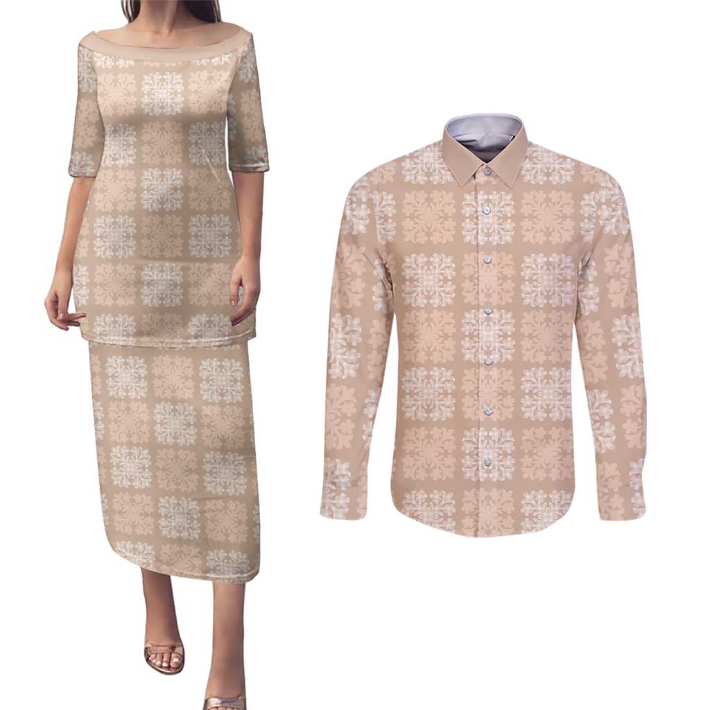 Beige Palaka Quilt Hawaii Couples Matching Puletasi and Long Sleeve Button Shirt Traditional Hawaii-plaid Pattern LT14 Beige - Polynesian Pride
