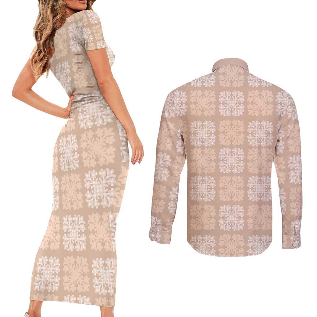 Beige Palaka Quilt Hawaii Couples Matching Short Sleeve Bodycon Dress and Long Sleeve Button Shirt Traditional Hawaii-plaid Pattern - Polynesian Pride