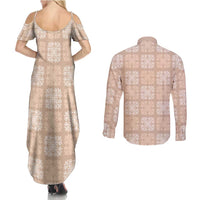 Beige Palaka Quilt Hawaii Couples Matching Summer Maxi Dress and Long Sleeve Button Shirt Traditional Hawaii-plaid Pattern - Polynesian Pride