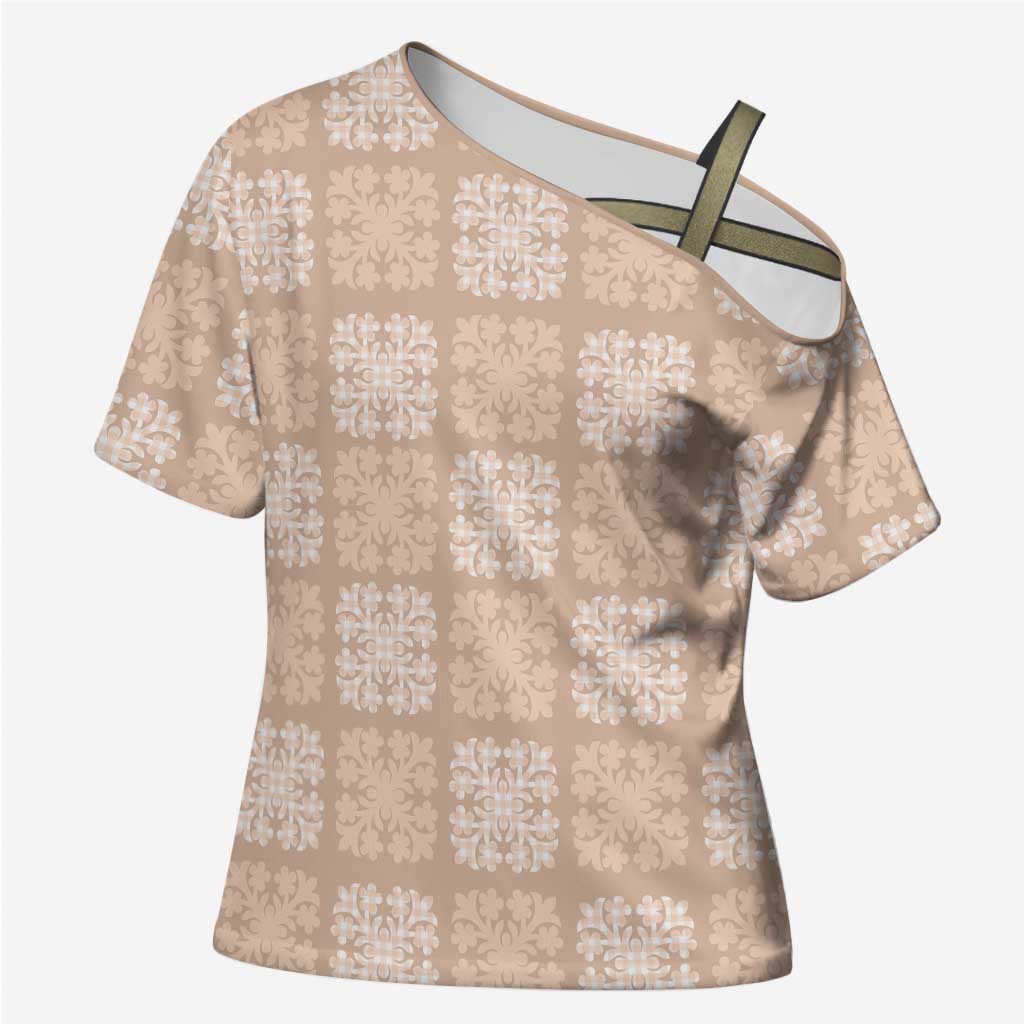 Beige Palaka Quilt Hawaii Cross Shoulder Shirt Traditional Hawaii-plaid Pattern LT14 Female Beige - Polynesian Pride
