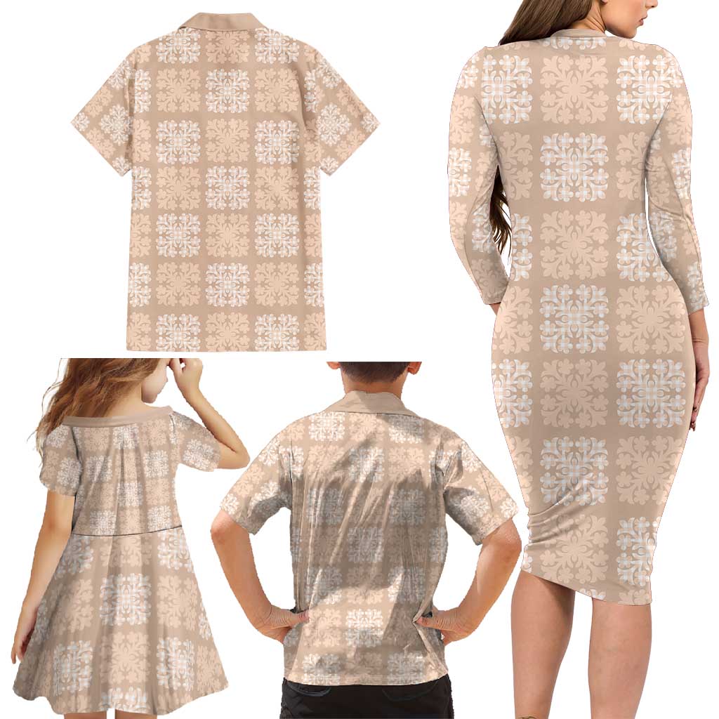 Beige Palaka Quilt Hawaii Family Matching Long Sleeve Bodycon Dress and Hawaiian Shirt Traditional Hawaii-plaid Pattern - Polynesian Pride