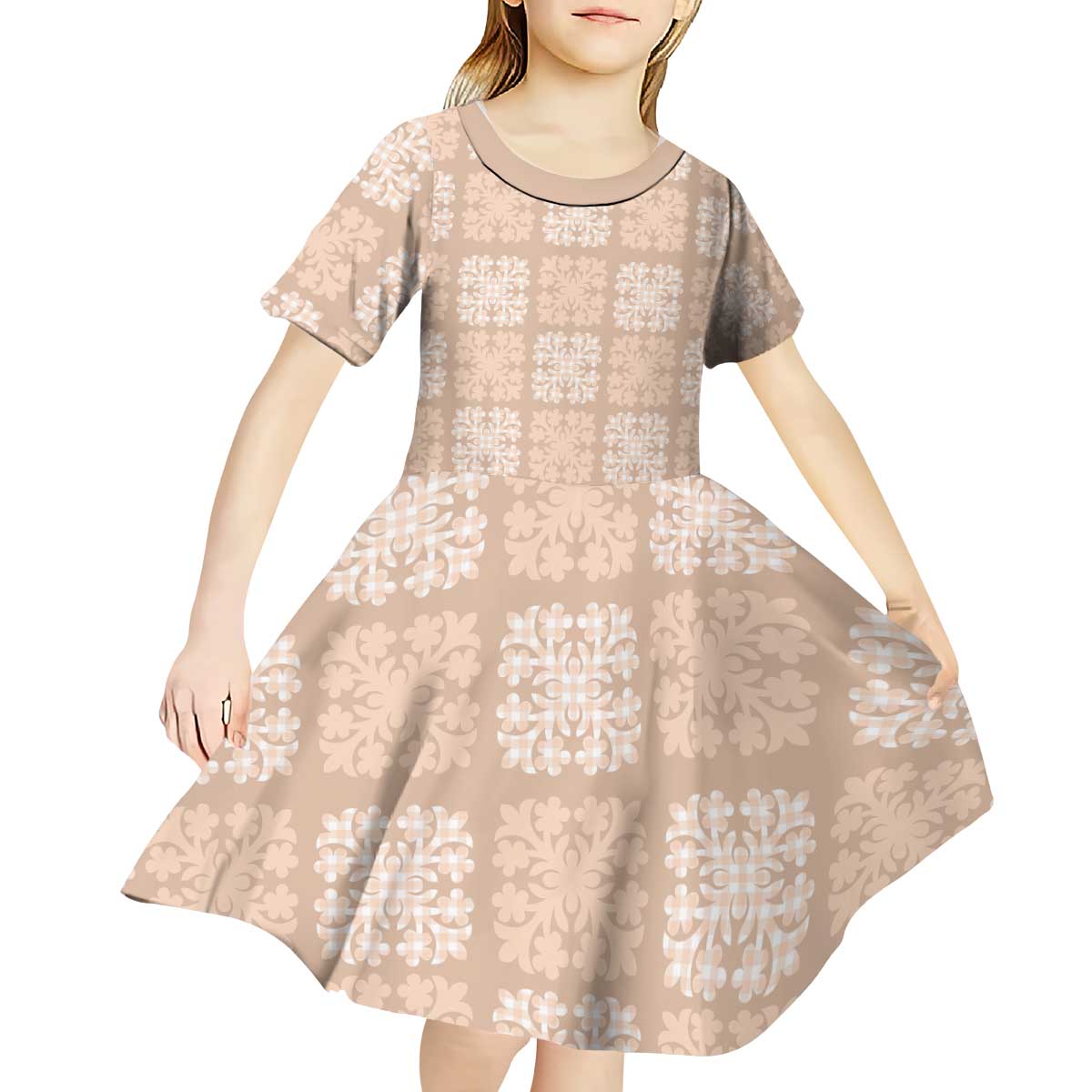 Beige Palaka Quilt Hawaii Kid Short Sleeve Dress Traditional Hawaii-plaid Pattern - Polynesian Pride