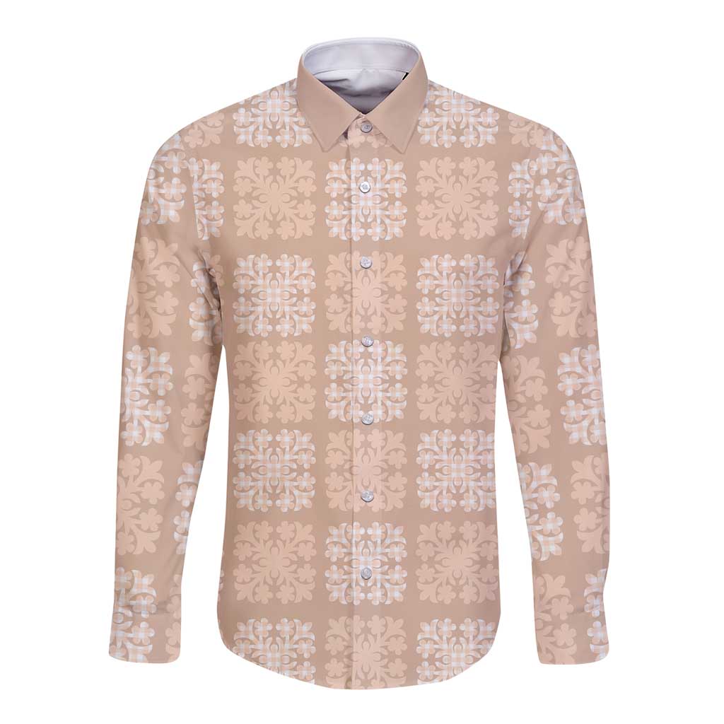 Beige Palaka Quilt Hawaii Long Sleeve Button Shirt Traditional Hawaii-plaid Pattern LT14 Unisex Beige - Polynesian Pride