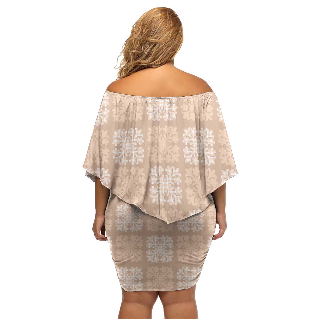 Beige Palaka Quilt Hawaii Off Shoulder Short Dress Traditional Hawaii-plaid Pattern - Polynesian Pride