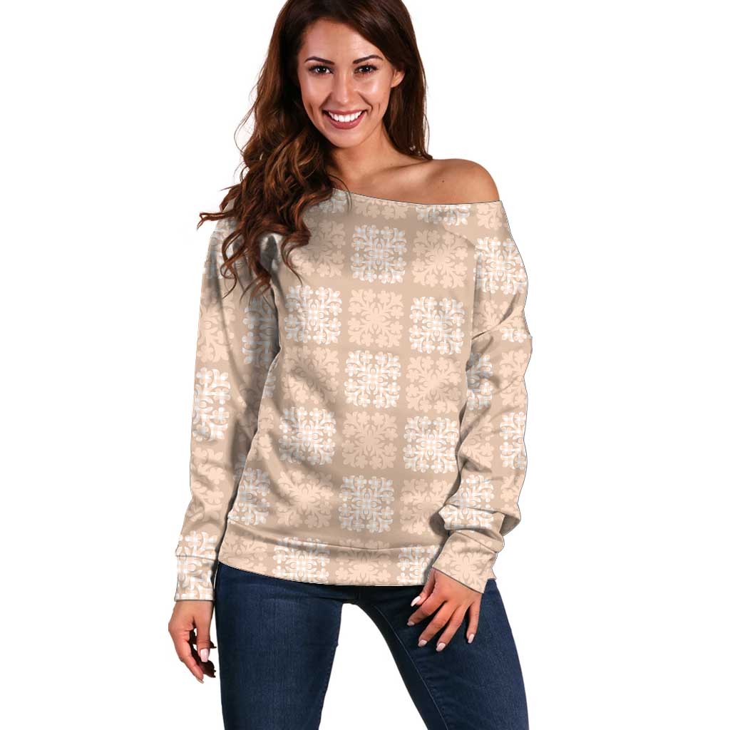 Beige Palaka Quilt Hawaii Off Shoulder Sweater Traditional Hawaii-plaid Pattern - Polynesian Pride
