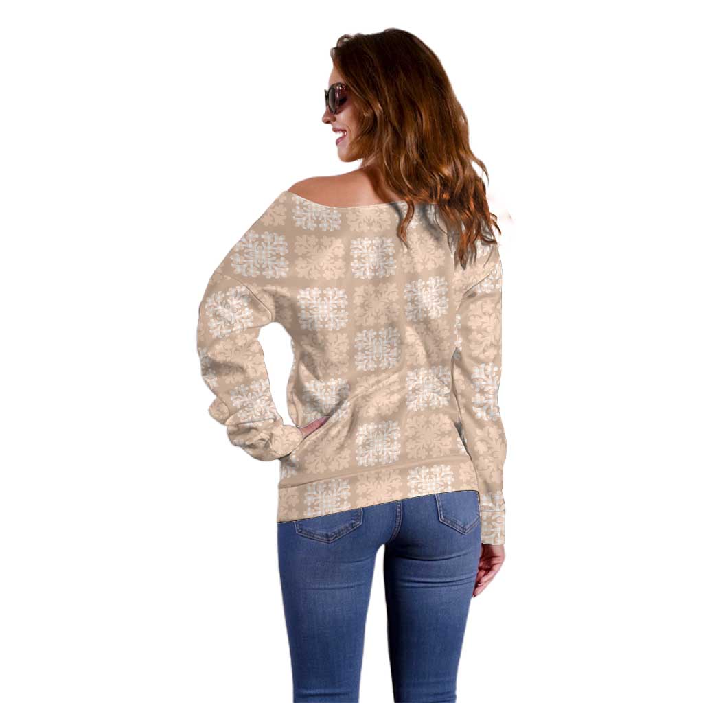 Beige Palaka Quilt Hawaii Off Shoulder Sweater Traditional Hawaii-plaid Pattern - Polynesian Pride