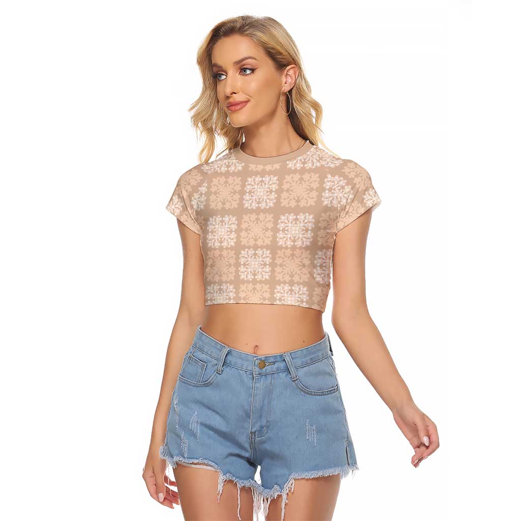 Beige Palaka Quilt Hawaii Raglan Cropped T Shirt Traditional Hawaii-plaid Pattern - Polynesian Pride