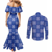 Royal Blue Palaka Quilt Hawaii Couples Matching Mermaid Dress and Long Sleeve Button Shirt Traditional Hawaii-plaid Pattern - Polynesian Pride