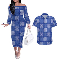 Royal Blue Palaka Quilt Hawaii Couples Matching Off The Shoulder Long Sleeve Dress and Hawaiian Shirt Traditional Hawaii-plaid Pattern - Polynesian Pride