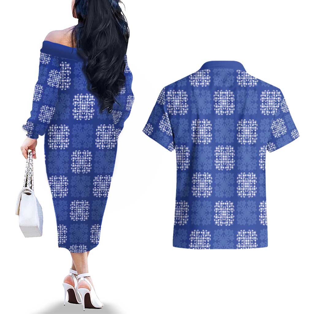 Royal Blue Palaka Quilt Hawaii Couples Matching Off The Shoulder Long Sleeve Dress and Hawaiian Shirt Traditional Hawaii-plaid Pattern - Polynesian Pride
