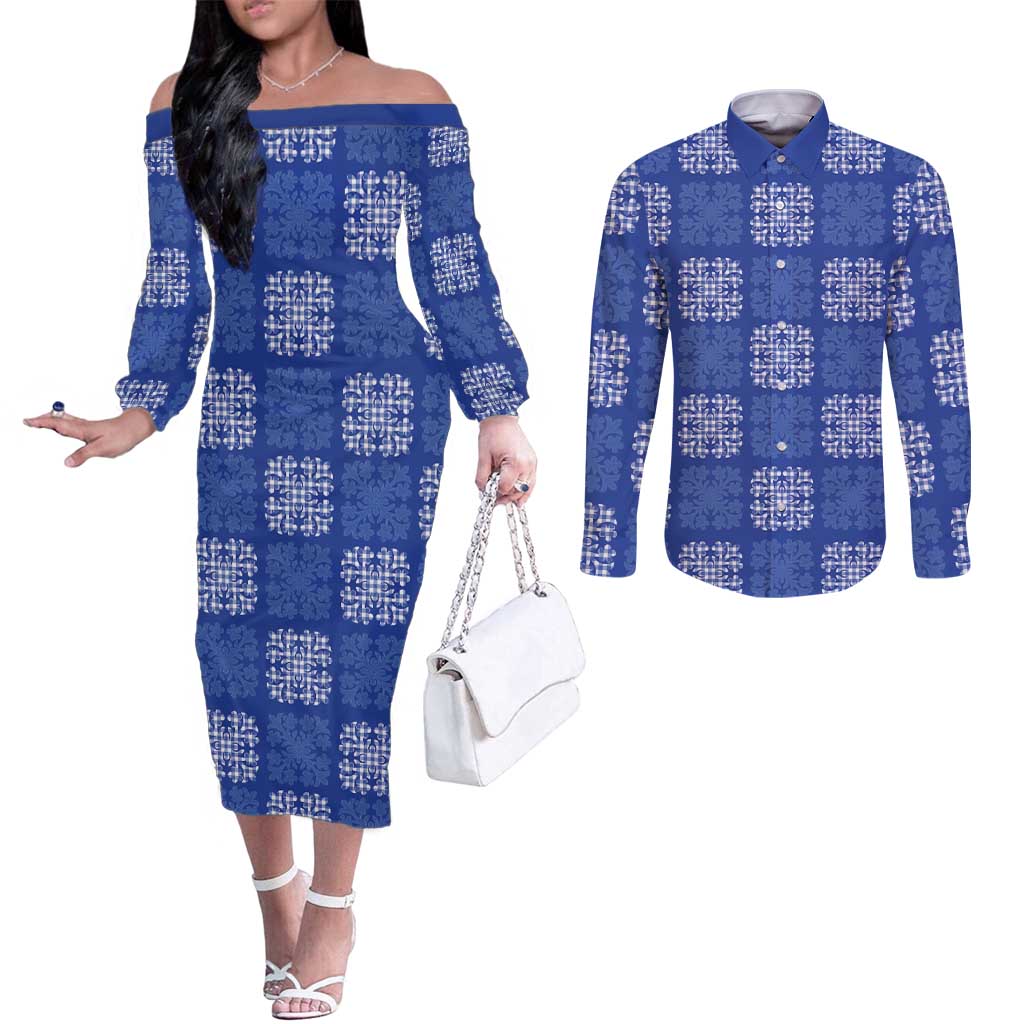 Royal Blue Palaka Quilt Hawaii Couples Matching Off The Shoulder Long Sleeve Dress and Long Sleeve Button Shirt Traditional Hawaii-plaid Pattern - Polynesian Pride