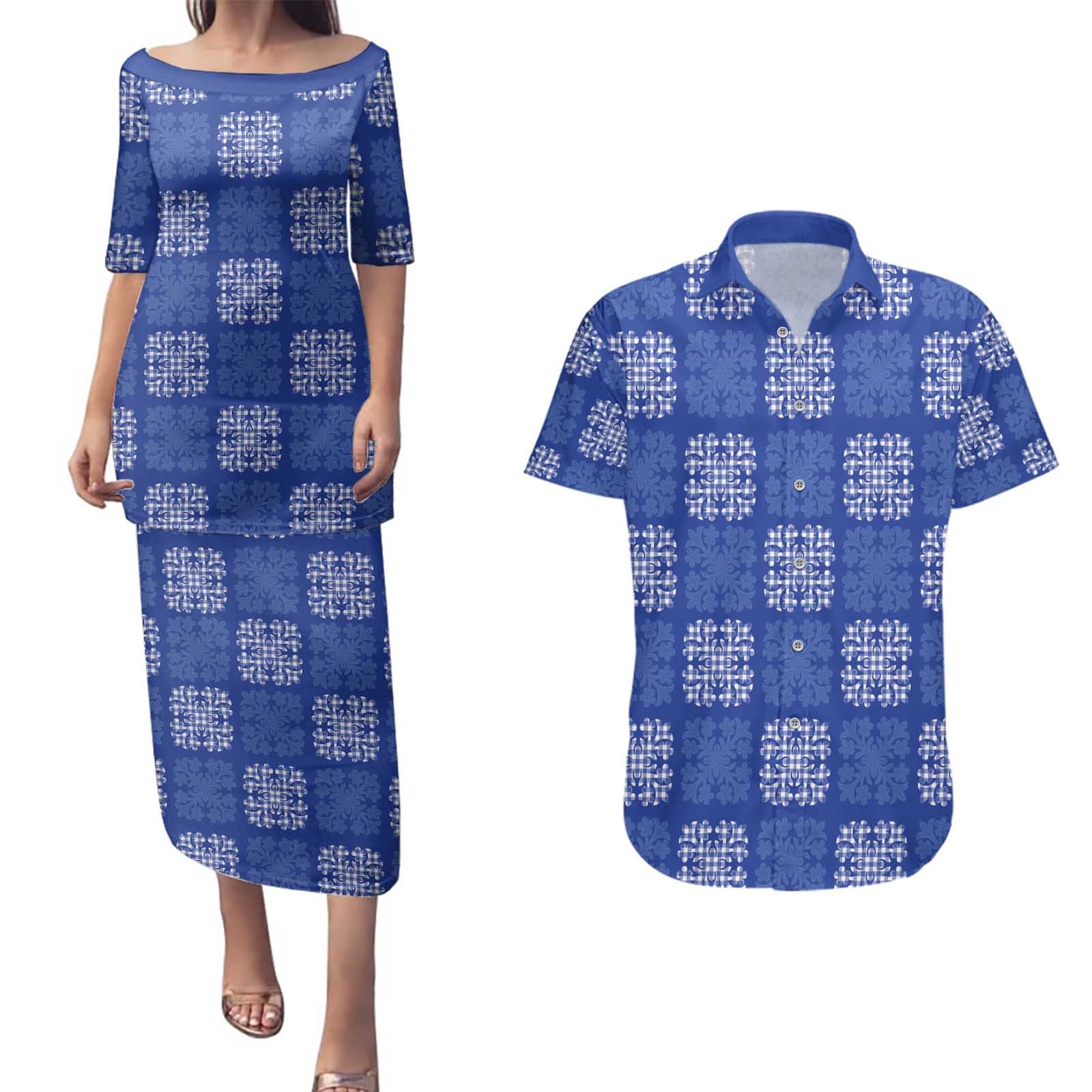 Royal Blue Palaka Quilt Hawaii Couples Matching Puletasi and Hawaiian Shirt Traditional Hawaii-plaid Pattern LT14 Royal Blue - Polynesian Pride