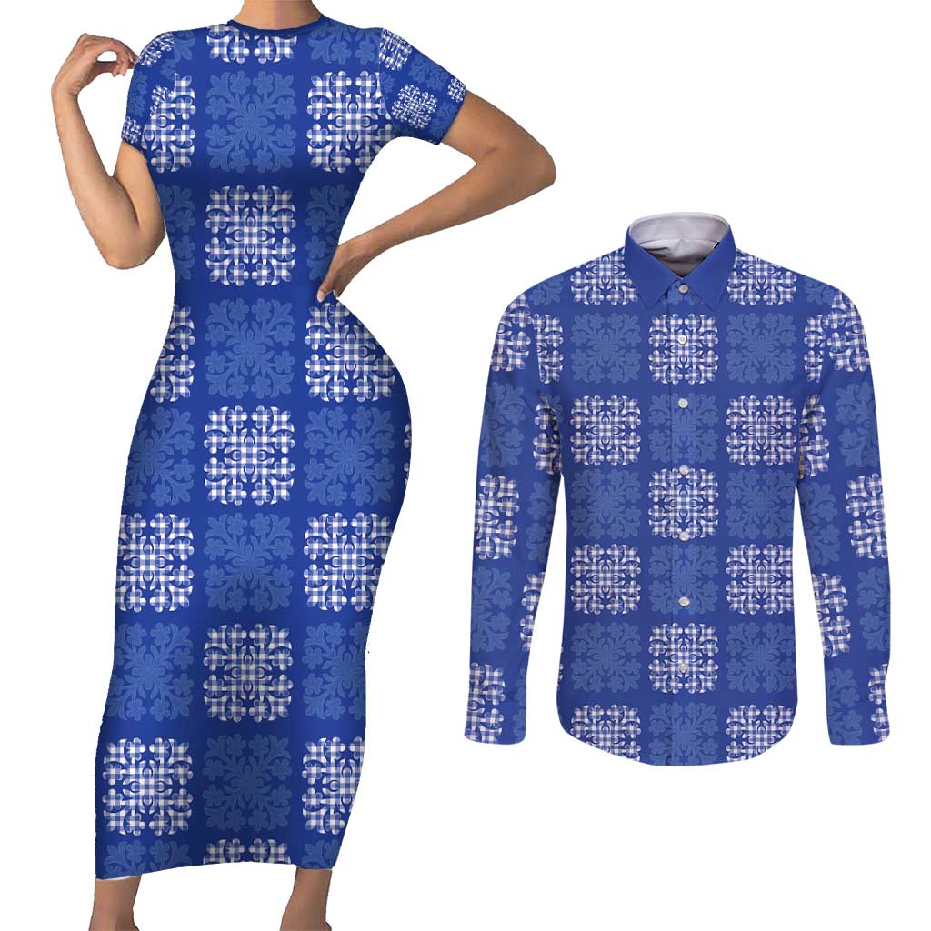 Royal Blue Palaka Quilt Hawaii Couples Matching Short Sleeve Bodycon Dress and Long Sleeve Button Shirt Traditional Hawaii-plaid Pattern - Polynesian Pride