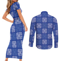 Royal Blue Palaka Quilt Hawaii Couples Matching Short Sleeve Bodycon Dress and Long Sleeve Button Shirt Traditional Hawaii-plaid Pattern - Polynesian Pride