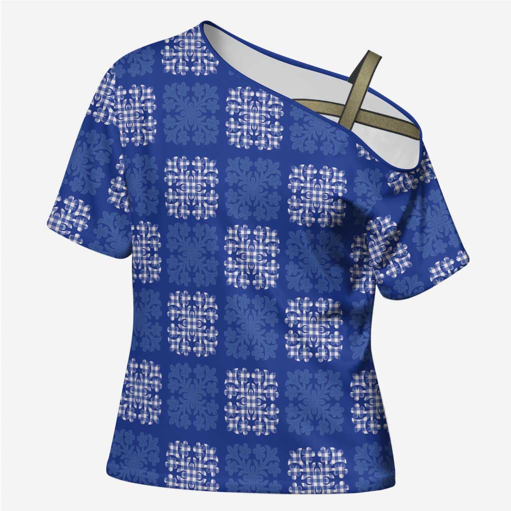 Royal Blue Palaka Quilt Hawaii Cross Shoulder Shirt Traditional Hawaii-plaid Pattern LT14 Female Royal Blue - Polynesian Pride