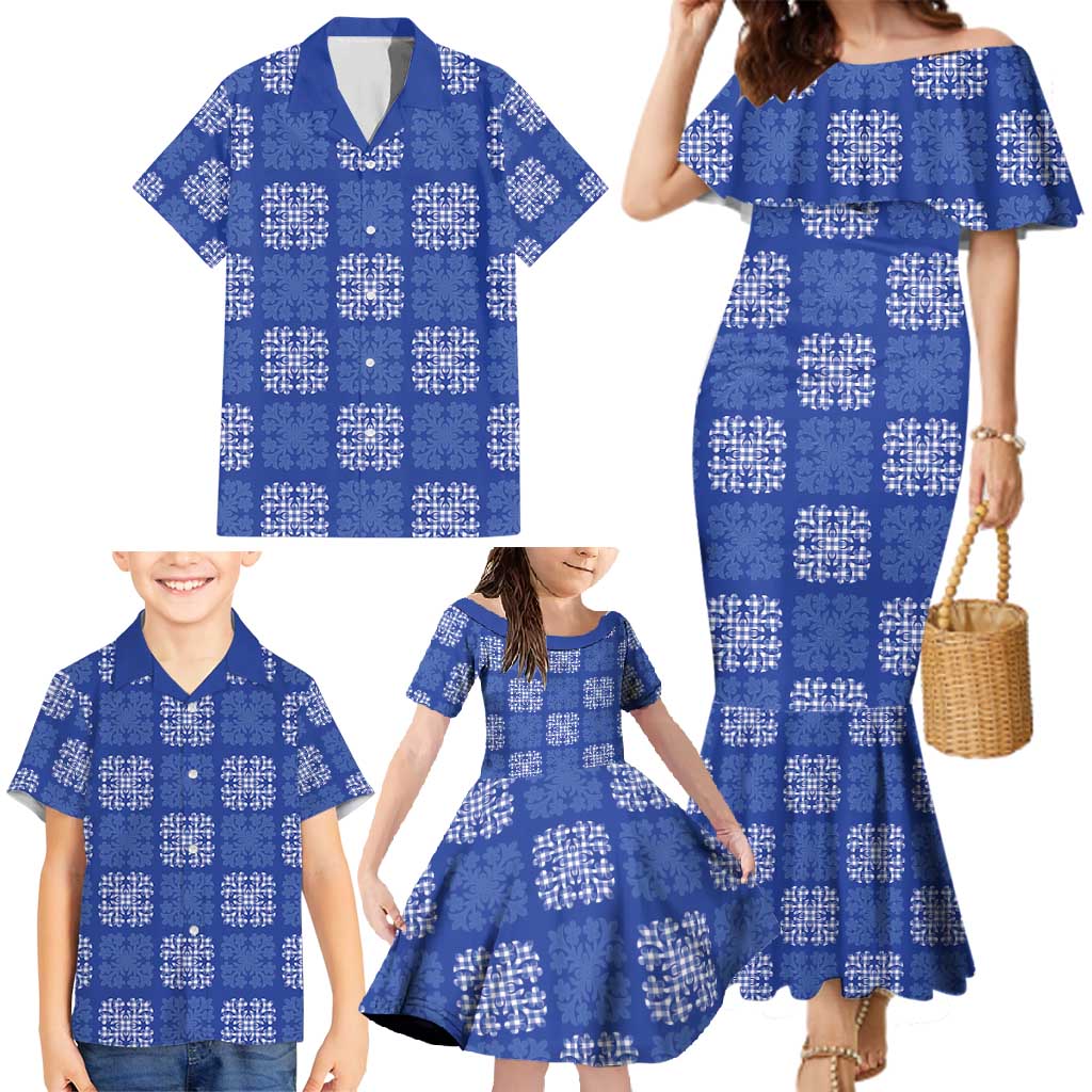 Royal Blue Palaka Quilt Hawaii Family Matching Mermaid Dress and Hawaiian Shirt Traditional Hawaii-plaid Pattern - Polynesian Pride