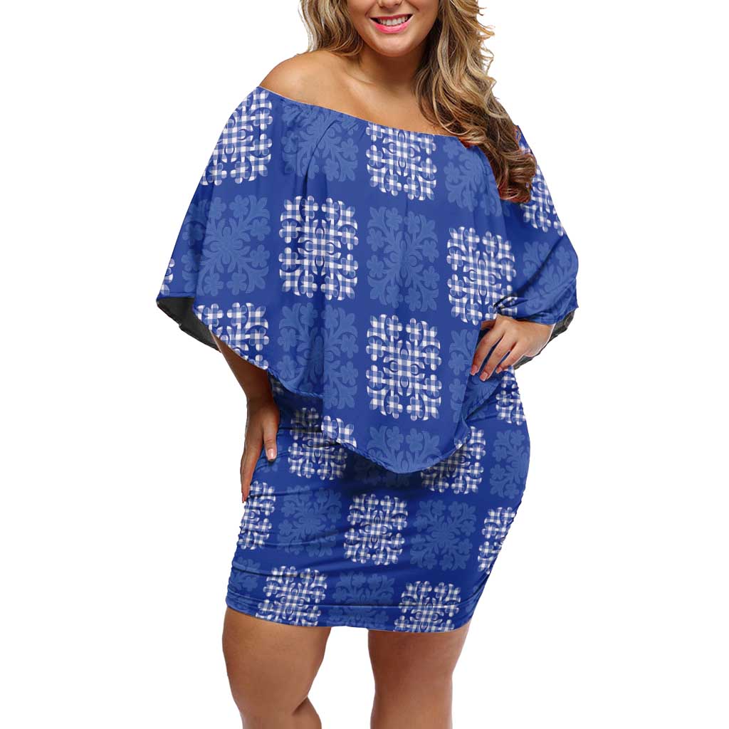 Royal Blue Palaka Quilt Hawaii Family Matching Off Shoulder Short Dress and Hawaiian Shirt Traditional Hawaii-plaid Pattern - Polynesian Pride