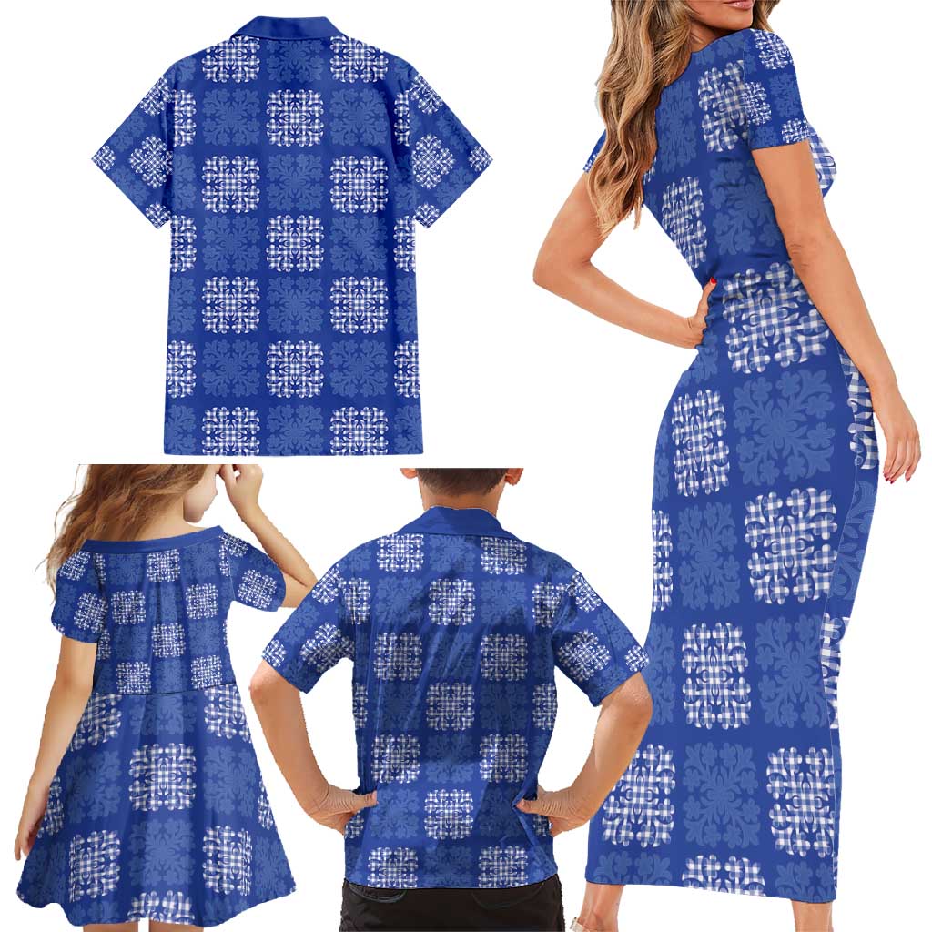Royal Blue Palaka Quilt Hawaii Family Matching Short Sleeve Bodycon Dress and Hawaiian Shirt Traditional Hawaii-plaid Pattern - Polynesian Pride