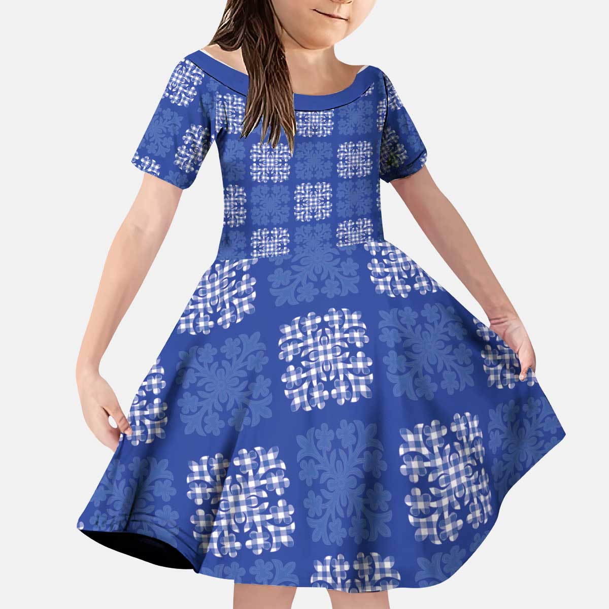 Royal Blue Palaka Quilt Hawaii Kid Short Sleeve Dress Traditional Hawaii-plaid Pattern - Polynesian Pride