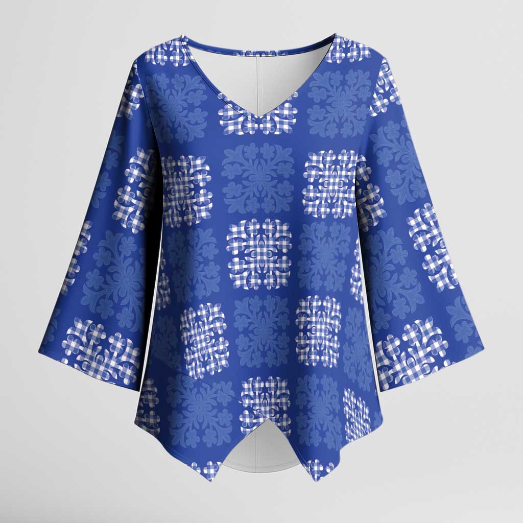 Royal Blue Palaka Quilt Hawaii Kimono Sleeve Blouse Traditional Hawaii-plaid Pattern - Polynesian Pride