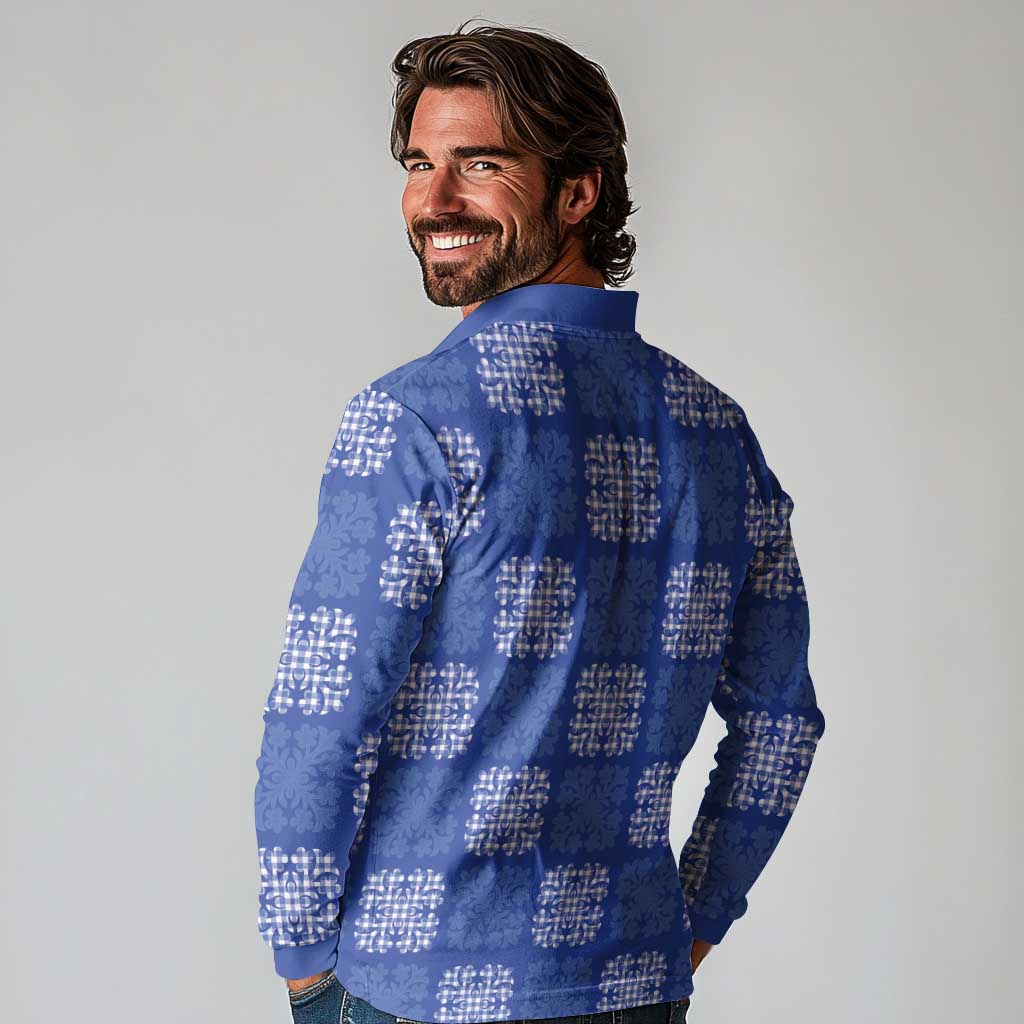Royal Blue Palaka Quilt Hawaii Long Sleeve Polo Shirt Traditional Hawaii-plaid Pattern - Polynesian Pride