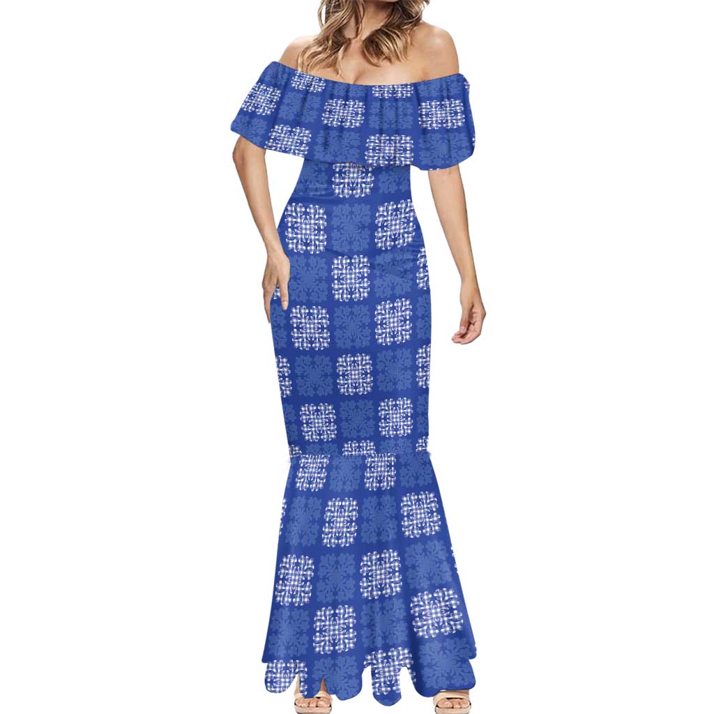 Royal Blue Palaka Quilt Hawaii Mermaid Dress Traditional Hawaii-plaid Pattern - Polynesian Pride