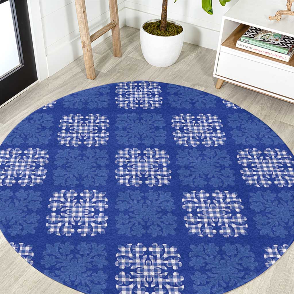 Royal Blue Palaka Quilt Hawaii Round Carpet Traditional Hawaii-plaid Pattern - Polynesian Pride