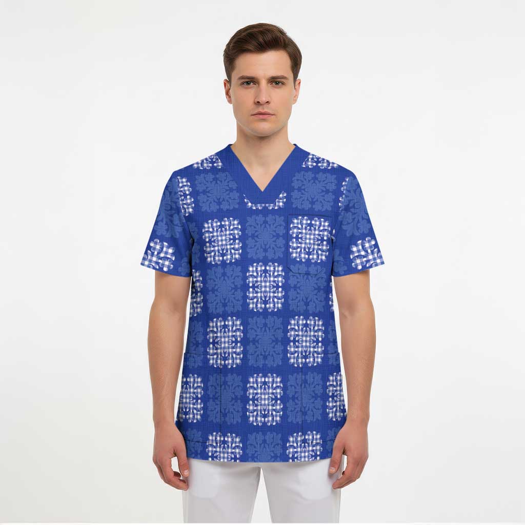 Royal Blue Palaka Quilt Hawaii Scrub Top Traditional Hawaii-plaid Pattern - Polynesian Pride