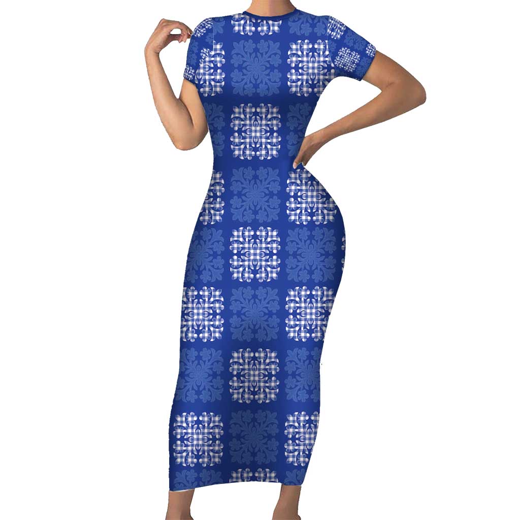 Royal Blue Palaka Quilt Hawaii Short Sleeve Bodycon Dress Traditional Hawaii-plaid Pattern - Polynesian Pride