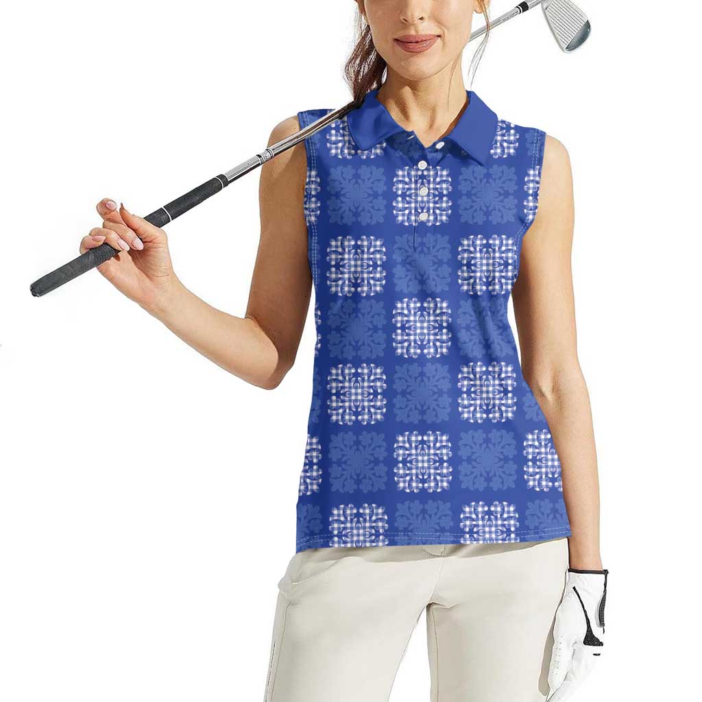 Royal Blue Palaka Quilt Hawaii Women Sleeveless Polo Shirt Traditional Hawaii-plaid Pattern - Polynesian Pride