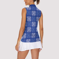 Royal Blue Palaka Quilt Hawaii Women Sleeveless Polo Shirt Traditional Hawaii-plaid Pattern - Polynesian Pride
