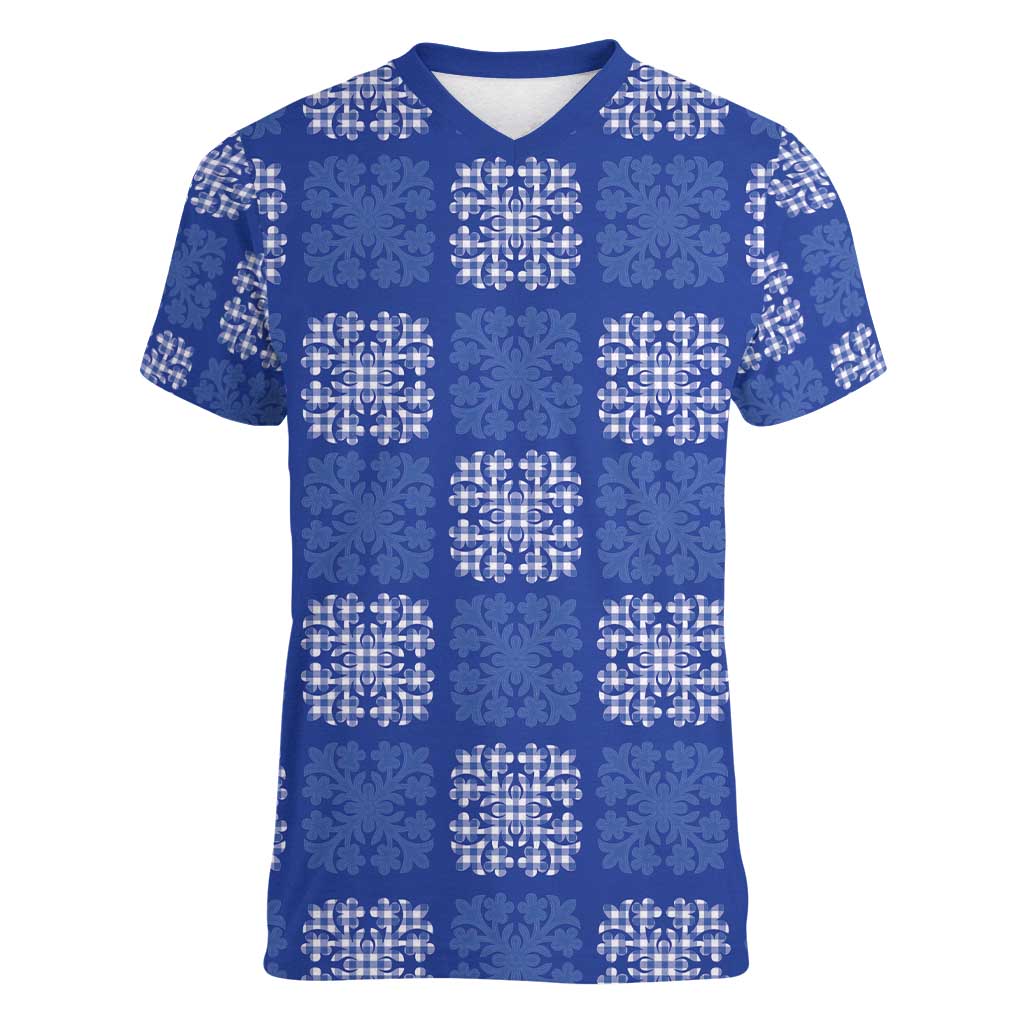 Royal Blue Palaka Quilt Hawaii Women V-Neck T-Shirt Traditional Hawaii-plaid Pattern LT14 Female Royal Blue - Polynesian Pride